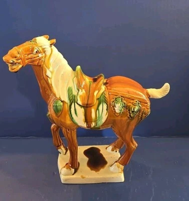 Estatua mayólica caballo de guerra verde cerámica esmaltada tricolor Tang china 12" pulgadas Foto 1 de 4