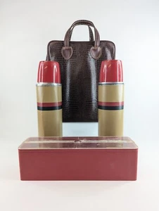 Vintage Thermos Picnic Set w/ Leather Carry Bag, 2 Thermoses, Sandwich Box, Cups - Picture 1 of 12
