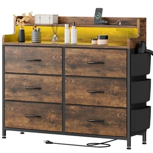 Dresser for Bedroom 6 Drawers with Charging Station LED Light Wood Top Brown - Picture 1 of 9