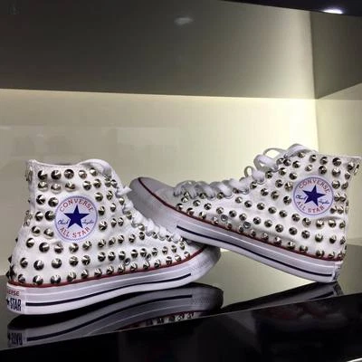 Converse All Star Bianche Alte personalizzate con Borchie Argento nologo Stell   - Immagine 1 di 3