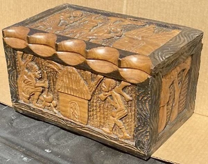 Rare Beautiful African Hand Carved Wooden Lidded Box Hinged Lid Jewelry Treasure - Bild 1 von 10