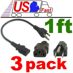 Lot3, 3pack 12"inch/1ft 18awg Short Standard Power Cord/Cable/Wire IEC320 C13 - Picture 1 of 1