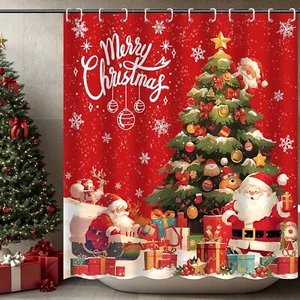 Feliz Navidad Árbol Cortina de Ducha Rojo Lindo Papá Noel Cortina de Ducha 12 Ganchos - Imagen 1 de 7