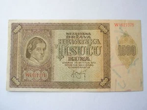 CROATIA Yugoslavia Germany 1000 Kuna 1941 XF NDH World war II Woman Occupation - Picture 1 of 3