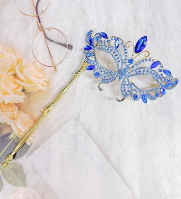 Blue Masquerade Mask, Met Gala Stick Mask, Gold Masquerade Ball Mask, Prom Mask - Image 1 of 4