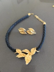 Vintage 80’s Statement Runway Necklace Earring Set Gold Tone Leaf Rope F166 - Picture 1 of 7