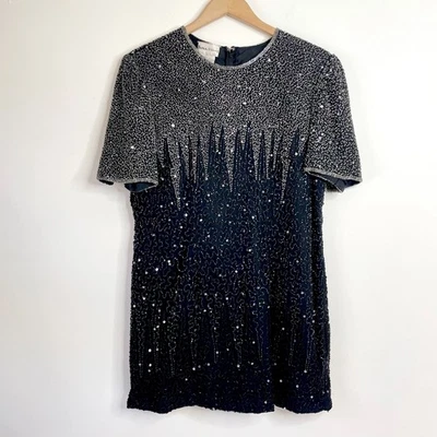 Vintage 80s Stenay Black Silver Silk Beaded Sequin Cocktail Formal Party Dress L - Image 1 of 4