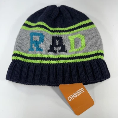 Gymboree Hat Cap Fitted Medium Boys Gray Navy Neon Green Knit RAD Youth Winter - Image 1 of 4