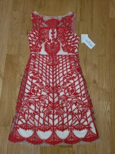 Anthropologie Geisha Designs Red and Cream Embroidered Sheer Dress Size 2 - Picture 1 of 9