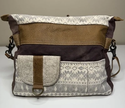 Myra Bag Perfect Mania Shoulder Bag Brown Canvas Leather Dual Zip Lined Tote - Image 1 of 4