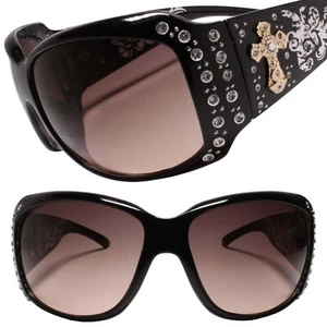 Cross Accent Rhinestone Embellishment Luxury Oversized Black Square Sunglasses - Picture 1 of 3