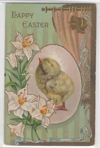 Antique Happy Easter Chick White Flowers Bells Embossed Postcard - Picture 1 of 2