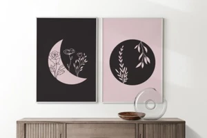 Moon and Floowers Wall Print Set of 2 | Moon Floral Minimalist Wall Art Poster - Picture 1 of 3