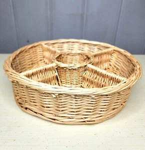Vintage Round Wicker Rattan Natural Fiber Multi Slot Organizer - Picture 1 of 7