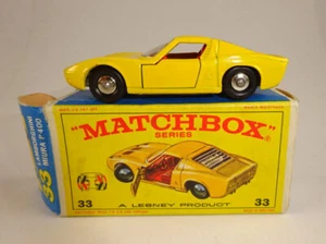 Matchbox RW 33C Lamborghini Miura amarillo excelente en rara caja "E" sin rayas blancas - Imagen 1 de 14