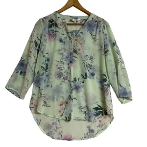 Capture Blouse Size 13 Green Floral 3/4 Roll Tab Sleeve V Neck Sheer Womens - Picture 1 of 11