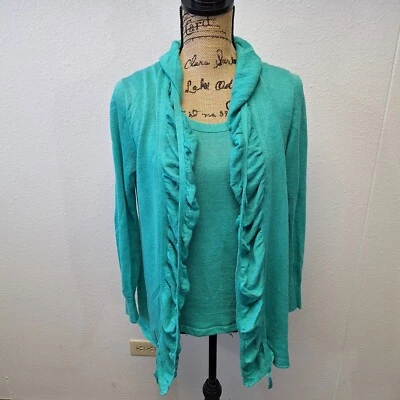 Cárdigan tejido de lino ajustable Lafayette 148 New York detalle fruncido aguamarina 2P Foto 1 de 4