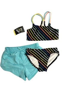 Art Class Girls' Striped Swimsuit 3 Piece Set Bikini And Shorts, Size XS (4/5) - Picture 1 of 8