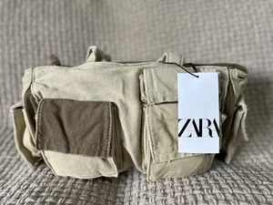 ZARA Patchwork Utility Schultertasche | Khaki Canvas | Neu mit Etikett - Bild 1 von 24