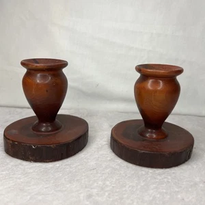 Vtg California Redwood Short Candle Holders Solid Wood original sticker Rustic - Picture 1 of 13
