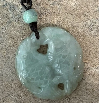 Carved Jade 2 Fish 2 Sided Pendant Brown Thread Corded 16" Necklace - Image 1 of 4