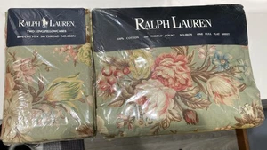 2 NIP Ralph Lauren Pillowcases Charlotte IV King Green Floral & Full Flat sheet - Picture 1 of 9
