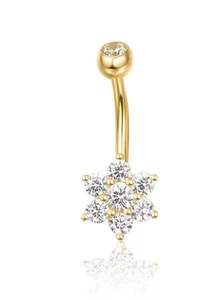 Gold Plated 925 Silver Cluster Flower Belly Button Navel Piercing CZ Stones Ring - Picture 1 of 8