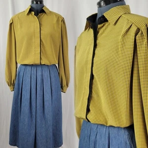 Vintage Lady Adler Mustard & Black Concealed Button Down Blouse Size M/L? - Picture 1 of 16