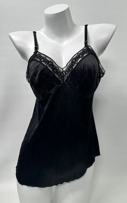 Vintage Vanity Fair Black Nylon Slip Lace Raw Hem Grunge Goth Cut Size 36 USA - Image 1 of 4