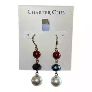Charter Club Gold-Tone Bead Imitation Pearl Multicolor Red White Blue Earrings - Picture 1 of 3