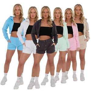Ladies Hoodie Tracksuit Outfits Shorts Sets Long sleeve Zip Crop Top 2pcs Hooded - Picture 1 of 87