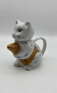Porcelain Ceramic Teapot Chinese Blue Floral Cat With Koi Gold Fish 5'' - Picture 1 of 9