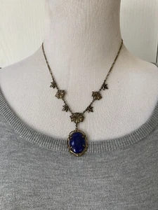 Vintage SADIE GREEN Brass Tone Lapis Floral Necklace SIGNED 18” Make Offer - Picture 1 of 12