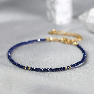 Pulseira feminina presente pedra preciosa cristal proteção cura contas 2 mm ouro azul - Imagem 1 de 4
