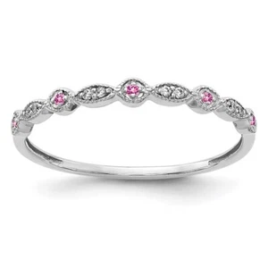 10K White Gold 0.05 Ct Diamond and Pink Sapphire Wedding Band Ring Size 6.75 - Picture 1 of 4