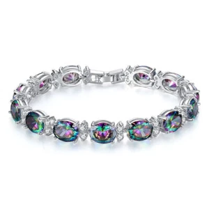 New Oval Rainbow Fire Mystic Topaz Charm Women Holiday Jewelry Silver Bracelets - Picture 1 of 6