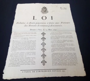 Placard Révolutionnaire  Paiement aux porteurs de brevets de retenue  -  1791 - Picture 1 of 3