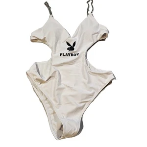 Neu mit Etikett Playboy weißer Monokini schwarzes Häschenlogo mit silbernem Kettenriemen XS/S/M/L/XL - Bild 1 von 18