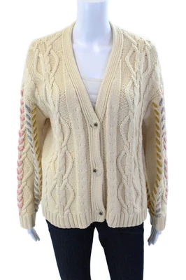 Cárdigan Michael Stars para mujer tejido con cable cuello en V top beige combo talla pequeña Foto 1 de 4
