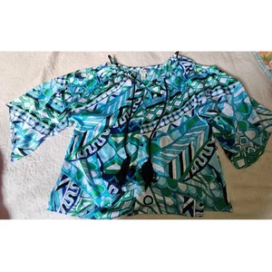 Chico's Cold Shoulder Top Graphic Novelty Pattern Blouse Women's Size 2 (L) - Picture 1 of 10