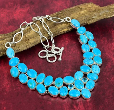 Natural Blue Turquoise Gemstone 925 Sterling Silver Necklace Jewelry Women Gifts - Image 1 of 4