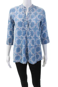 Roberta Roller Rabbit Womens Cotton Geometric 3/4 Sleeve Blouse Printed Blue Siz - Picture 1 of 5