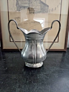 Vintage Pewter Double Handle Trophy Vase 10.5" Tall Scalloped Rim Mid-Century - Picture 1 of 9