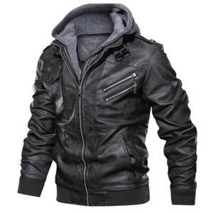 GENUINE MENS BLACK LEATHER BIKER STYLE LEATHER JACKET REMOVABLE HOOD - Picture 1 of 3