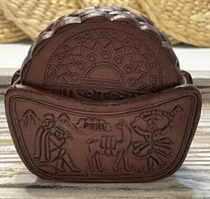 Peru Leder Handbesetzt Untersetzer Set mit Halter Inti Inka Sonne Gott Souvenir EUC - Bild 1 von 11