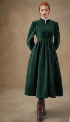 Linenvibes Empress Josephine Royal Green Long Sleeve Velvet Dress-Brooch-M-NWT - Image 1 of 4