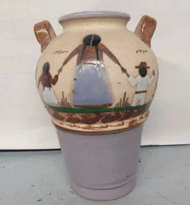 Vintage Tonalo Mexiko handbemalte Sandstein Vase Mutter & Kinder 10" Griffe - Bild 1 von 8