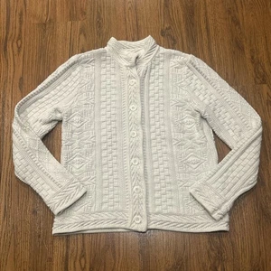 LL Bean Cardigan Womens Small Off White Cotton Fisherman Cable Knit Cardigan - Picture 1 of 7