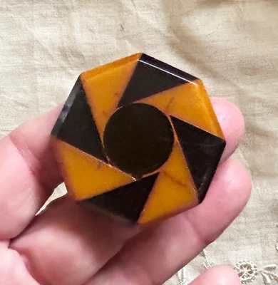 Vintage XL Chunky Bakelite Coat Button 2 Color Black and Butterscotch 1940's - Image 1 of 4