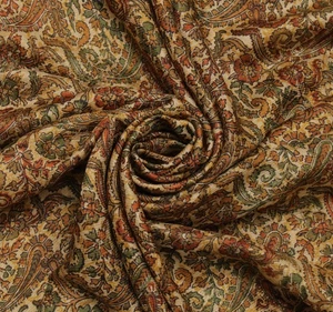 Sushila Vintage Cream Saree 100% Pure Silk Printed Floral Soft Sari Craft Fabric - Picture 1 of 9